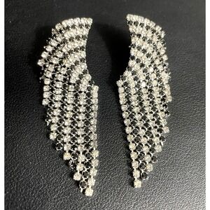 Rhinestone Angel Wing Earrings Clip Ons Sparkly Black Clear Party Jewelry